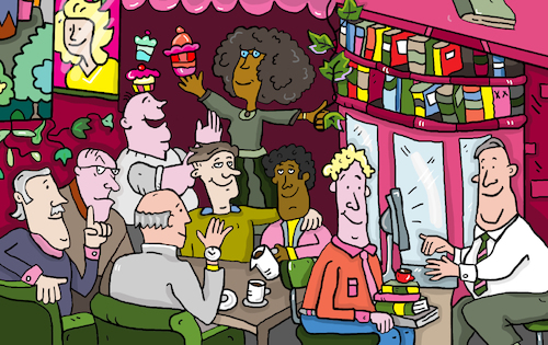 Cartoon: Buchladen Cafe (medium) by sabine voigt tagged buchladen,cafe,bücher,bibliothek,lesen,lesung,autoren,buch,roman,neuerscheinung,bestseller,geschäft