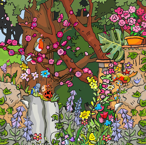 Cartoon: garten Wald (medium) by sabine voigt tagged kirschblüte,kirschen,bluten,sommer,blühen,garten,rotkehlchen,natur,baum,pflanze,vogel