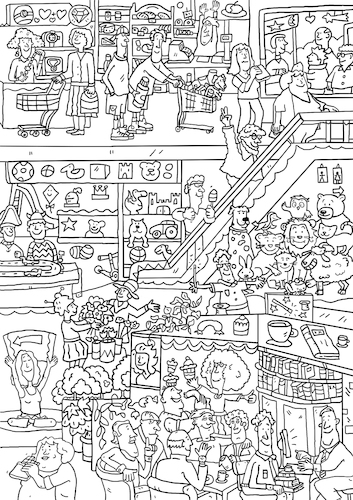 Cartoon: Kaufhaus Ausmalen (medium) by sabine voigt tagged kaufhaus,ausmalen,einkaufen,geschäfte,läden,kasse,spielzeug,schule,kindergarten,rolltreppe,konsum