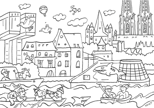 Cartoon: Köln Panorama Ausmalbild (medium) by sabine voigt tagged köln,panorama,ausmalbild,dom,rhein,kranhaus,ralen,ausmalen,tourismus,karneval,schokoladen,museum