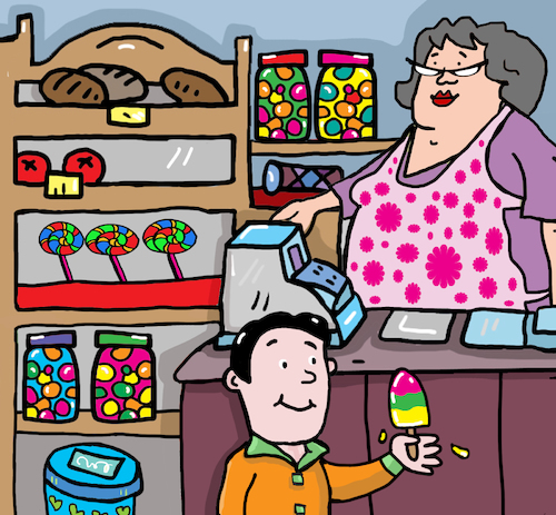 Cartoon: tante emma laden (medium) by sabine voigt tagged laden,emma,dorf,geschäft,nostalgie,bonbons,shop,verkauf,kiosk,späti