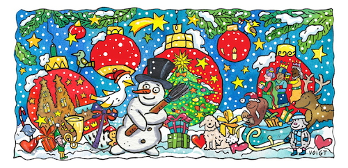 Cartoon: Weihnachtskarte (medium) by sabine voigt tagged weihnachten,weihnachtskarte,weihnachtsmarkt,jesus,geschenke,fest,winter,schnee,tasse,weihnachtsmann,schlitten,tannenbaum,schneemann