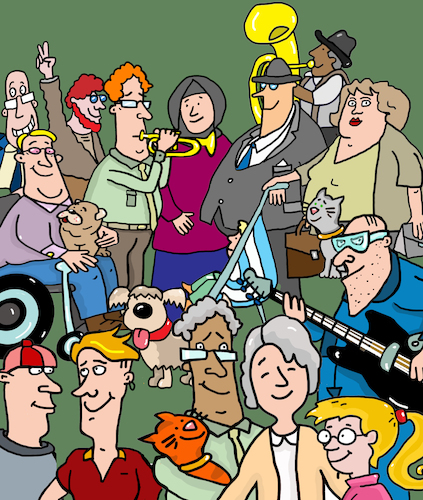 Cartoon: Wimmelbild Gemischte Gruppe (medium) by sabine voigt tagged wimmelbild,gemischte,gruppe,toleranz,gesellschaft,integration,menschen,musik,musiker,gender