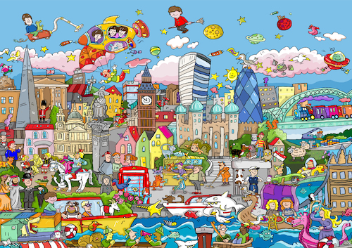 Cartoon: Wimmelbild London (medium) by sabine voigt tagged wimmelbild,london,tower,queen,themse,england,brexit,europa,great,britain,westminster