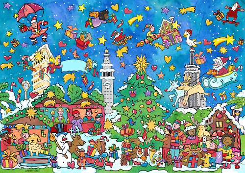 Cartoon: Wimmelbild Weihnachten (medium) by sabine voigt tagged wimmelbild,weihnachten,weihnachtsmarkt,new,york,winter,stände,markt,schnee,feiertage,weihnachtsmann,schlitten,geschenke,tannenbaum