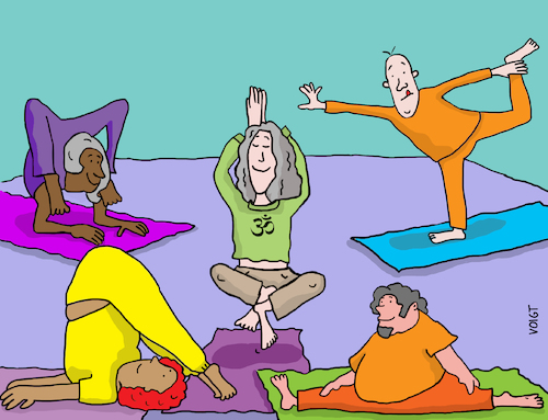Cartoon: Yoga Senioren (medium) by sabine voigt tagged yoga,asana,sport,übung,turnen,hobby,meditation,entspannung,prävention,bewegung,gesundheit,wellness,therapie,fitness,cartoon,oma,seniorin,medizin,pflegeheim,pflege,überalterung,alter,senioren,gymnastik