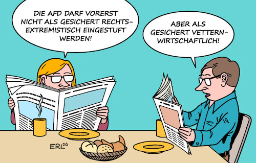 Cartoon: AfD (medium) by Erl tagged politik,vetternwirtschaft,afd,verfassungsschutz,einstufung,gesichert,rechtsextremistisch,urteil,gericht,verwaltungsgericht,abwarten,hauptverfahren,karikatur,erl,politik,vetternwirtschaft,afd,verfassungsschutz,einstufung,gesichert,rechtsextremistisch,urteil,gericht,verwaltungsgericht,abwarten,hauptverfahren,karikatur,erl
