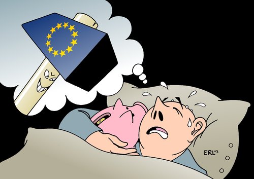 Cartoon: Alptraum des Kleinsparers (medium) by Erl tagged euro,sparschwein,alptraum,angst,tabubruch,tabu,kleinsparer,sparer,beteiligung,banken,bank,rettung,zypern,eu,eu,zypern,rettung