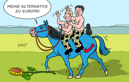 Cartoon: Alternative II (medium) by Erl tagged politik,eu,europawahl,gefahr,rechtsruck,rechtspopulismus,verschiebung,kräfte,machtverhältnisse,richtung,russland,wladimir,putin,china,xi,jinping,autokratie,diktatur,europa,pferd,afd,krähe,maximilian,krah,absturz,grüne,sonnenblume,karikatur,erl,politik,eu,europawahl,gefahr,rechtsruck,rechtspopulismus,verschiebung,kräfte,machtverhältnisse,richtung,russland,wladimir,putin,china,xi,jinping,autokratie,diktatur,europa,pferd,afd,krähe,maximilian,krah,absturz,grüne,sonnenblume,karikatur,erl