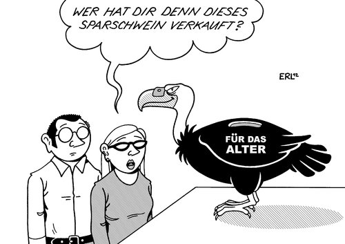 Cartoon: Altersvorsorge (medium) by Erl tagged rente,alter,altersvorsorge,privat,versicherung,rentenversicherung,beratung,mangelhaft,sparen,sparschwein,pleitegeier