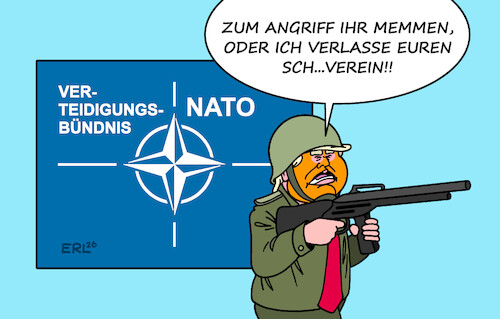 Cartoon: Angriff (medium) by Erl tagged politik,usa,trump,angriff,iran,krieg,unterstützung,nato,drohung,austritt,verteidigungsbündnis,karikatur,erl,politik,usa,trump,angriff,iran,krieg,unterstützung,nato,drohung,austritt,verteidigungsbündnis,karikatur,erl