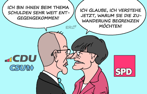 Cartoon: Annäherung (medium) by Erl tagged politik,cdu,csu,spd,sondierung,koalition,annäherung,schulden,streitpunkt,zuwanderung,asyl,migration,karikatur,erl,politik,cdu,csu,spd,sondierung,koalition,annäherung,schulden,streitpunkt,zuwanderung,asyl,migration,karikatur,erl