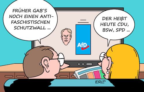 Cartoon: Antifaschistischer Schutzwall (medium) by Erl tagged politik,wahl,wahlen,landtagswahl,landtagswahlen,thüringen,sachsen,osten,ostdeutschland,prognosen,umfragen,sieger,afd,rechtsextrem,björn,höcke,faschist,antifaschistischer,schutzwall,cdu,bsw,bündnis,sahra,wagenknecht,spd,linke,grüne,erschütterung,denkzettel,bundesregierung,ampel,karikatur,erl,politik,wahl,wahlen,landtagswahl,landtagswahlen,thüringen,sachsen,osten,ostdeutschland,prognosen,umfragen,sieger,afd,rechtsextrem,björn,höcke,faschist,antifaschistischer,schutzwall,cdu,bsw,bündnis,sahra,wagenknecht,spd,linke,grüne,erschütterung,denkzettel,bundesregierung,ampel,karikatur,erl