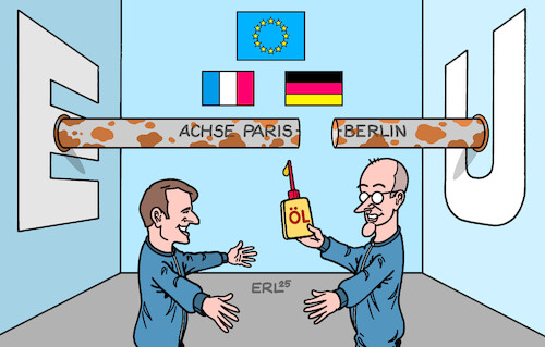 Cartoon: Antrittsbesuch im Maschinenraum (medium) by Erl tagged politik,eu,achse,paris,berlin,präsident,macron,bundeskanzler,merz,antrittsbesuch,maschinenraum,öl,karikatur,erl,politik,eu,achse,paris,berlin,präsident,macron,bundeskanzler,merz,antrittsbesuch,maschinenraum,öl,karikatur,erl
