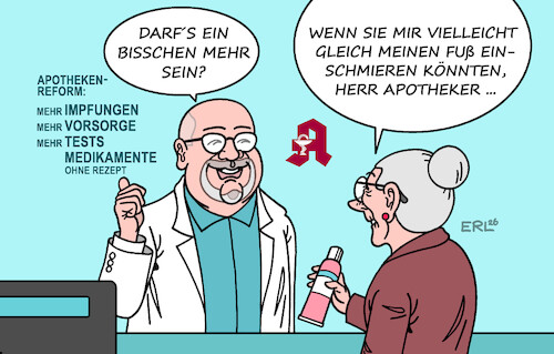 Cartoon: Apothekenreform (medium) by Erl tagged politik,gesundheit,apotheken,schließungen,insolvenzen,reform,mehr,zusatzleistungen,wirtschaftlichkeit,gewinn,karikatur,erl,politik,gesundheit,apotheken,schließungen,insolvenzen,reform,mehr,zusatzleistungen,wirtschaftlichkeit,gewinn,karikatur,erl