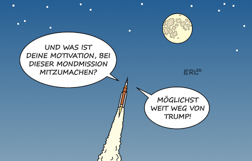 Cartoon: Artemis 2 (medium) by Erl tagged politik,raumfahrt,mond,mondmission,artemis,usa,kanada,astronautin,astronaut,motivation,entfernung,abstand,trump,karikatur,erl,politik,raumfahrt,mond,mondmission,artemis,usa,kanada,astronautin,astronaut,motivation,entfernung,abstand,trump,karikatur,erl