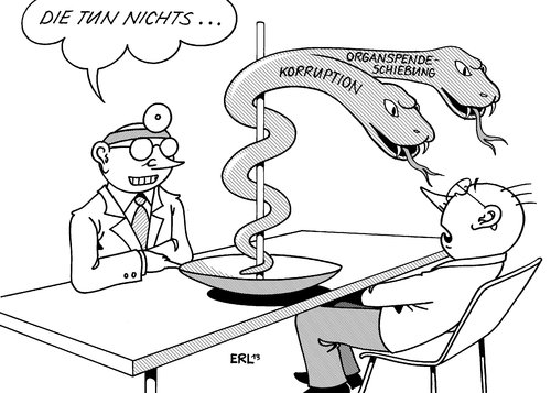 Cartoon: Arzt (medium) by Erl tagged arzt,organspende,liste,schiebung,pharmavertreter,korruption,medikament,verschreibung,patient,angst,äskulapnatter,schlange,medizin