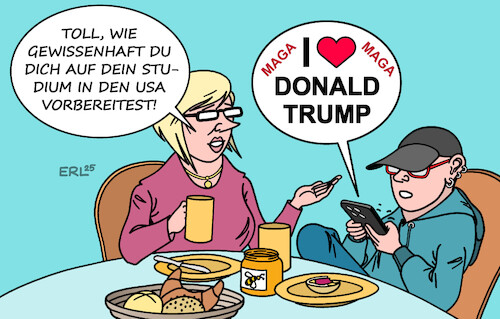 Cartoon: Auslandssemester (medium) by Erl tagged politik,donald,trump,autokratie,überwachung,social,media,studenten,ausland,universität,studium,usa,karikatur,erl,politik,donald,trump,autokratie,überwachung,social,media,studenten,ausland,universität,studium,usa,karikatur,erl