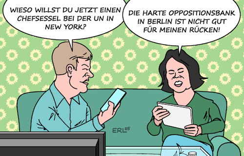 Cartoon: Baerbock hat Rücken (medium) by Erl tagged politik,grüne,annalena,baerbock,außenministerin,posten,un,new,york,habeck,opposition,berlin,karikatur,erl,politik,grüne,annalena,baerbock,außenministerin,posten,un,new,york,habeck,opposition,berlin,karikatur,erl