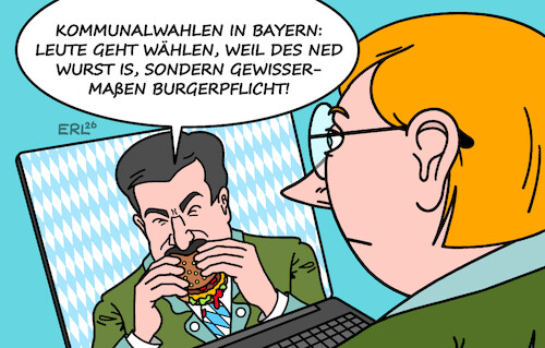 Cartoon: Bayern (medium) by Erl tagged politik,bayern,kommunalwahlen,städte,gemeinden,kommunen,wahl,demokratie,söder,essen,wurst,burger,karikatur,erl,politik,bayern,kommunalwahlen,städte,gemeinden,kommunen,wahl,demokratie,söder,essen,wurst,burger,karikatur,erl