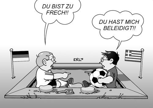 Cartoon: Beleidigt (medium) by Erl tagged deutschland,griechenland,krise,schulden,euro,finanzen,kredit,reparation,streit,beleidigung,kindisch,sandkasten