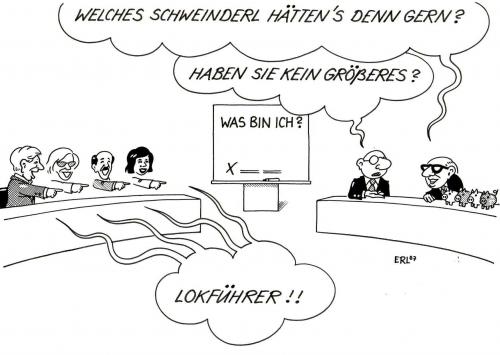Cartoon: Beruferaten (medium) by Erl tagged ,beruf,raten,lokführer,frage,antwort,quiz,tafel,streik,lokführerstreik,deutsche bahn,deutsche,bahn,db