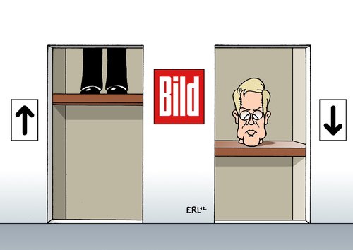 Cartoon: Bild Wulff (medium) by Erl tagged kredit,wulff,christian,bundespräsident,privat,unternehmer,nähe,bild,zeitung,artikel,drohung,anrufbeantworter,entschuldigung,streit,zerwürfniss,aufzug,aufwärts,abwärts,bundespräsident,wulff,kredit,privat,unternehmer,bild,zeitung,artikel,drohung,entschuldigung,zerwürfniss,aufzug,aufwärts,presseliste