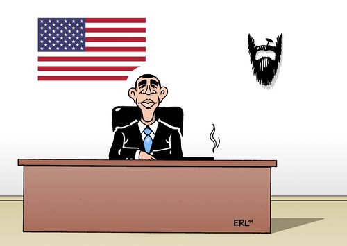 Cartoon: Bin Laden (medium) by Erl tagged osama,bin,laden,terrorist,terror,al,kaida,tod,anschläge,11,september,world,trade,center,new,york,usa,präsident,barack,obama,jäger,jagd,trophäe,bart,osama bin laden,terrorismus,terror,al qaida,osama,bin,laden,al,qaida,usa,barack obama,barack,obama