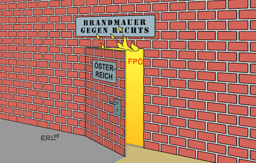 Cartoon: Brandmauer (medium) by Erl tagged politik,österreich,regierung,fpö,kickl,rechtsextremismus,brandmauer,pappe,karikatur,erl,politik,österreich,regierung,fpö,kickl,rechtsextremismus,brandmauer,pappe,karikatur,erl