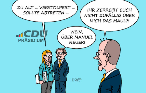 Cartoon: CDU (medium) by Erl tagged politik,cdu,präsidium,klausur,richtung,unzufriedenheit,bundeskanzler,merz,sport,fußball,fc,bayern,torhüter,manuel,neuer,ball,verstolpert,schnellstes,gegentor,bundesliga,alter,abtreten,karikatur,erl,politik,cdu,präsidium,klausur,richtung,unzufriedenheit,bundeskanzler,merz,sport,fußball,fc,bayern,torhüter,manuel,neuer,ball,verstolpert,schnellstes,gegentor,bundesliga,alter,abtreten,karikatur,erl