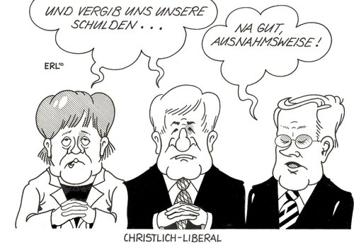 Cartoon: Christlich-Liberal (medium) by Erl tagged cdu,csu,fdp,liberal,schwarz,gelb,schulden,rekord,merkel,seehofer,westerwelle