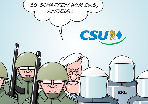 Cartoon: CSU Merkel (medium) by Erl tagged berlin,anschlag,terror,terroranschlag,islamismus,angst,innere,sicherheit,konsequenzen,csu,überdenken,flüchtlingspolitik,flüchtlinge,abschottung,staat,stärke,polizei,bundeswehr,horst,seehofer,kritik,bundeskanzlerin,angela,merkel,karikatur,erl,berlin,anschlag,terror,terroranschlag,islamismus,angst,innere,sicherheit,konsequenzen,csu,überdenken,flüchtlingspolitik,flüchtlinge,abschottung,staat,stärke,polizei,bundeswehr,horst,seehofer,kritik,bundeskanzlerin,angela,merkel,karikatur,erl