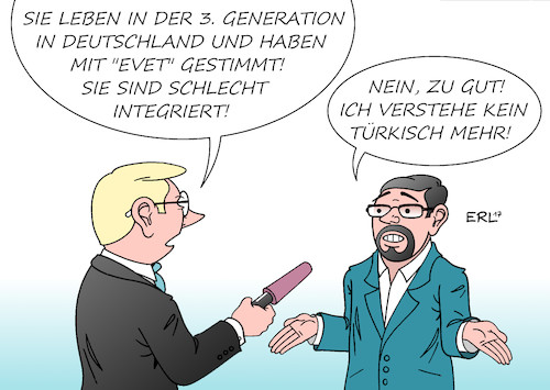 Cartoon: Deutschtürken (medium) by Erl tagged türkei,präsident,erdogan,referendum,präsidialsystem,wähler,deutschland,deutschtürken,ja,evet,demokratie,grundrechte,integration,diskussion,sprache,verständnis,wurzeln,karikatur,erl