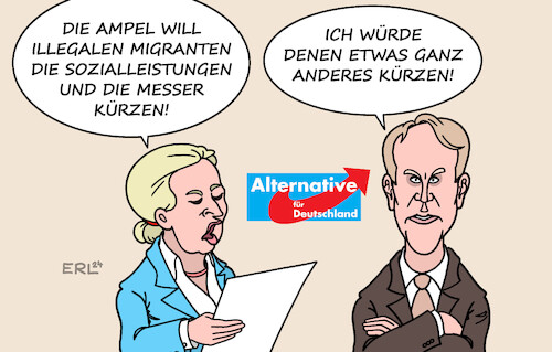 Cartoon: Die AfD setzt immer eins drauf (medium) by Erl tagged politik,terror,terrorismus,islamismus,solingen,anschlag,terroranschlag,messer,angst,schrecken,misstrauen,flüchtlinge,migration,asyl,asylpolitik,vorschläge,ampel,kürzung,sozialleistungen,illegale,migranten,afd,steigerung,forderungen,radikaler,wählerstimmen,wahlen,landtagswahlen,thüringen,sachsen,brandenburg,weidel,höcke,karikatur,erl,politik,terror,terrorismus,islamismus,solingen,anschlag,terroranschlag,messer,angst,schrecken,misstrauen,flüchtlinge,migration,asyl,asylpolitik,vorschläge,ampel,kürzung,sozialleistungen,illegale,migranten,afd,steigerung,forderungen,radikaler,wählerstimmen,wahlen,landtagswahlen,thüringen,sachsen,brandenburg,weidel,höcke,karikatur,erl