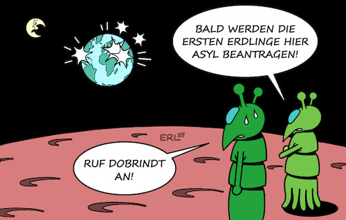 Cartoon: Einfach nur außerirdisch II (medium) by Erl tagged politik,menschen,erde,krieg,gewalt,terror,migration,asyl,mars,weltall,zurückweisung,dobrindt,karikatur,erl,politik,menschen,erde,krieg,gewalt,terror,migration,asyl,mars,weltall,zurückweisung,dobrindt,karikatur,erl