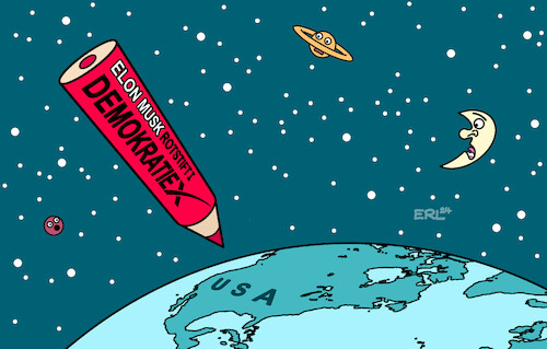 Cartoon: Elon Musks neue Rakete (medium) by Erl tagged politik,usa,wahl,sieger,donald,trump,elon,musk,abschaffung,verwaltung,demokratie,rotstift,rakete,erde,weltall,karikatur,erl,politik,usa,wahl,sieger,donald,trump,elon,musk,abschaffung,verwaltung,demokratie,rotstift,rakete,erde,weltall,karikatur,erl