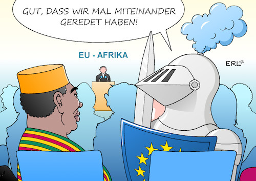 Cartoon: EU Afrika (medium) by Erl tagged eu,afrika,gipfel,wirtschaft,handel,fairness,flüchtlinge,flucht,fluchtursachen,armut,reichtum,demokratie,diktatur,menschenrechte,unterdrückung,krieg,bürgerkrieg,europa,abschottung,ritter,ritterrüstung,rüstung,gespräch,reden,karikatur,erl,eu,afrika,gipfel,wirtschaft,handel,fairness,flüchtlinge,flucht,fluchtursachen,armut,reichtum,demokratie,diktatur,menschenrechte,unterdrückung,krieg,bürgerkrieg,europa,abschottung,ritter,ritterrüstung,rüstung,gespräch,reden,karikatur,erl