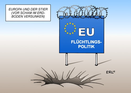 Cartoon: EU Flüchtlinge (medium) by Erl tagged terror,bürgerkrieg,flucht,flüchtlinge,gewalt,eu,flüchtlingspolitik,versagen,scham,werte,humanität,solidarität,europa,stier,karikatur,erl,flüchtlinge,flucht,bürgerkrieg,terror,gewalt,eu,flüchtlingspolitik,versagen,scham,werte,humanität,solidarität,europa,stier,karikatur,erl