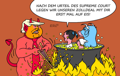 Cartoon: EU Reaktion (medium) by Erl tagged politik,usa,trump,zölle,urteil,supreme,court,oberstes,gericht,teufel,hölle,deal,eis,feuer,eu,europa,stier,michel,karikatur,erl,politik,usa,trump,zölle,urteil,supreme,court,oberstes,gericht,teufel,hölle,deal,eis,feuer,eu,europa,stier,michel,karikatur,erl