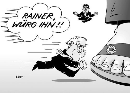 Cartoon: FDP (medium) by Erl tagged fdp,parteitag,vorsitzender,philipp,rösler,spitzenkandidat,rainer,brüderle,angriff,grüne,spd,rot,grün,würgen