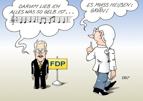 Cartoon: FDP Grüne (medium) by Erl tagged fdp,umfragetief,grüne,umfragehoch,westerwelle,lied,grün,sind,alle,meine,kleider,fdp,umfragetief,grüne,guido westerwelle,lied,guido,westerwelle