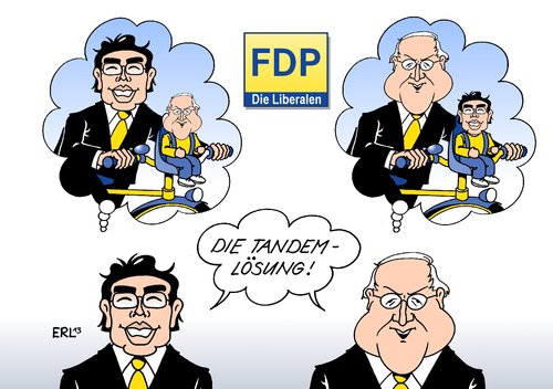 Cartoon: FDP Tandemlösung (medium) by Erl tagged tandemlösung,fdp,vorsitz,philipp,rösler,spitzenkandidat,bundestagswahl,rainer,brüderle,führungsstreit,niedersachsenwahl,fdp,tandemlösung