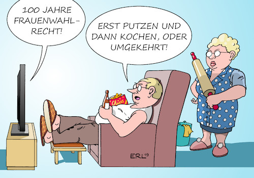 Cartoon: Frauenwahlrecht (medium) by Erl tagged politik,gesellschaft,geschichte,demokratie,100,jahre,frauenwahlrecht,wahlrecht,gleichberechtigung,hausarbeit,arbeit,mann,frau,karikatur,erl,politik,gesellschaft,geschichte,demokratie,100,jahre,frauenwahlrecht,wahlrecht,gleichberechtigung,hausarbeit,arbeit,mann,frau,karikatur,erl