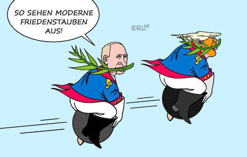 Cartoon: Friedenstauben (medium) by Erl tagged politik,krieg,putin,ukraine,friedensverhandlungen,russland,usa,trump,friedenstaube,lügen,münchhausen,karikatur,erl,politik,krieg,putin,ukraine,friedensverhandlungen,russland,usa,trump,friedenstaube,lügen,münchhausen,karikatur,erl