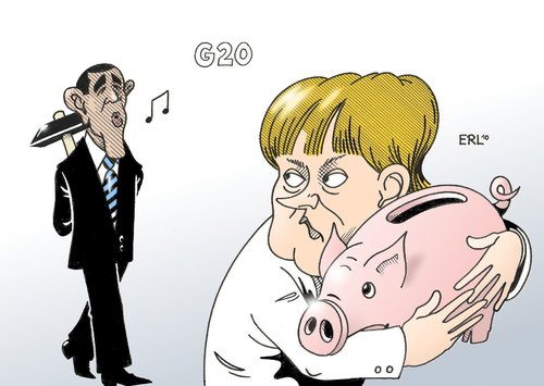 Cartoon: G20 (medium) by Erl tagged g20,toronto,gipfel,obama,merkel,sparen,schulden,konjunktur,wirtschaft,ankurbeln,sparschwein,kaputtsparen,g20,toronto,gipfel,barack obama,angela merkel,sparen,schulden,konjunktur,wirtschaft,ankurbeln,sparschwein,barack,obama,angela,merkel
