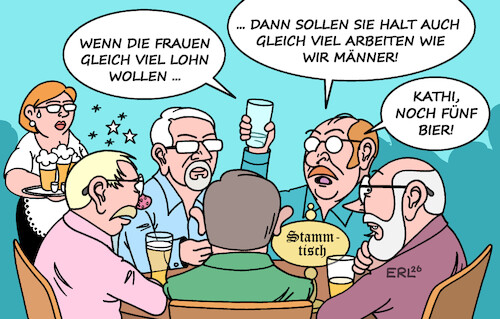Cartoon: Gender Pay Gap (medium) by Erl tagged politik,arbeit,lohn,gehalt,honorar,männer,frauen,unterschied,ungerechtigkeit,gender,pay,gap,stammtisch,karikatur,erl,politik,arbeit,lohn,gehalt,honorar,männer,frauen,unterschied,ungerechtigkeit,gender,pay,gap,stammtisch,karikatur,erl