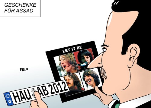 Cartoon: Geschenke für Assad (medium) by Erl tagged geschenk,album,be,it,let,pop,musik,jahre,50,beatles,ramsauer,autonummerdeutschland,auto,wunschkennzeichen,assad,diktator,bürgerkrieg,syrien,syrien,bürgerkrieg,diktator,assad,wunschkennzeichen,auto,autonummerdeutschland,ramsauer,beatles,50,jahre,musik,pop,let,it,be,album