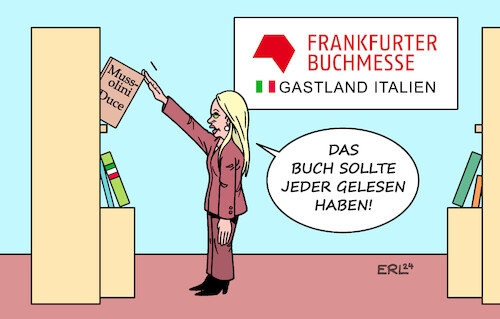 Cartoon: Giorgia Meloni auf der Buchmesse (medium) by Erl tagged politik,frankfurter,buchmesse,gastland,italien,giorgia,meloni,postfaschismus,mussolini,römischer,gruß,karikatur,erl,politik,frankfurter,buchmesse,gastland,italien,giorgia,meloni,postfaschismus,mussolini,römischer,gruß,karikatur,erl