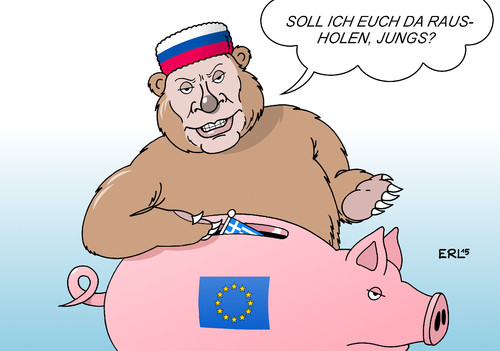Cartoon: Griechenland Russland (medium) by Erl tagged griechenland,krise,schulden,euro,hilfe,kredir,eu,ezb,iwf,sparkurs,bedingung,russland,besuch,ministerpräsident,tsipras,präsident,putin,bär,sparschwein,karikatur,erl,griechenland,krise,schulden,euro,hilfe,kredir,eu,ezb,iwf,sparkurs,bedingung,russland,besuch,ministerpräsident,tsipras,präsident,putin,bär,sparschwein