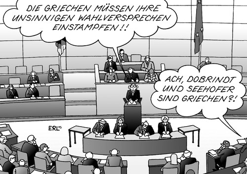 Cartoon: Griechenland und Maut (medium) by Erl tagged bundestag,debatte,abstimmung,griechenland,hilfe,verlängerung,skepsis,union,cdu,csu,pkw,maut,ausländer,seehofer,dobrindt,wahlversprechen,unsinn,regierung,tsipras,varoufakis,syriza,griechen